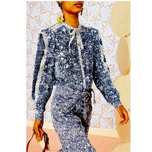 NWT Ulla Johnson Nara Button Front/ Tie Neck Blouse - Indigo
